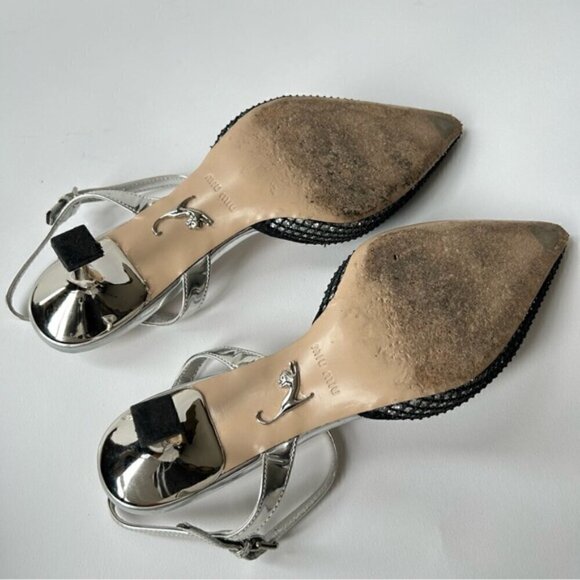Rare Miu Miu Silver Mesh Black Glitter Kitten Heel sz 7.5 - Picture 8 of 11